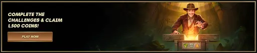 Promotionele banner met avonturier die een gloeiende schatkist opent en spelers uitnodigt om uitdagingen te voltooien en munten te claimen, wat beloningen, voortgang en de spanning van het sankra online casino benadrukt